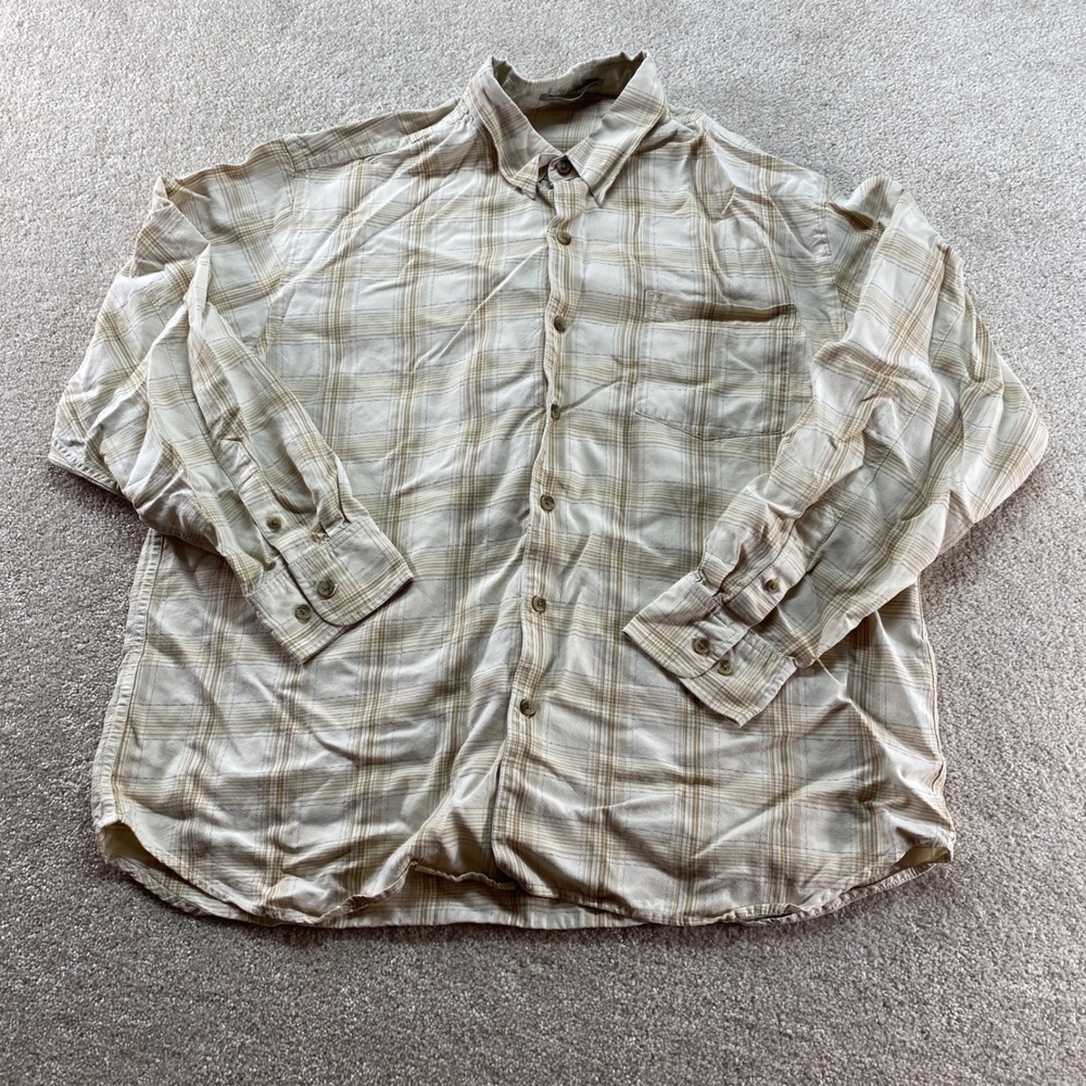 Tommy Bahama Shirt Mens XL Tan Plaid‎ Long Sleeve Button Down Tencel Lyocell